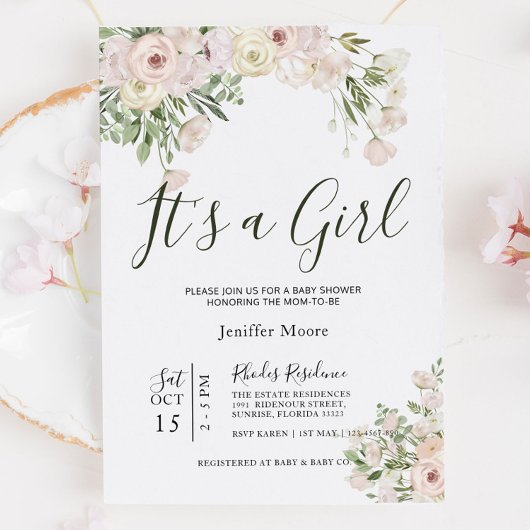 Invitation Baby shower Rose crème