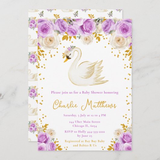 Invitation Baby shower Rose cygne violet et or (Devant / Derrière)