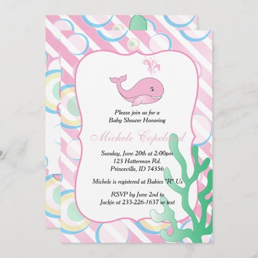 Invitation Baby shower rose de baleine de bébé (Devant / Derrière)
