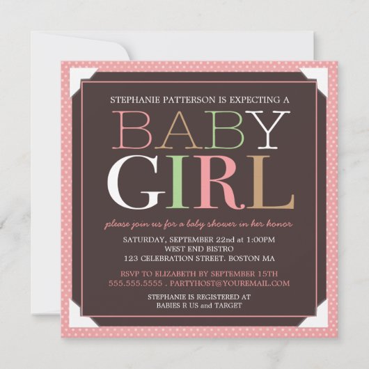 Invitation Baby shower rose de bébé et Brown moderne (Devant)