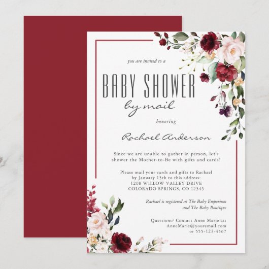 Invitation Baby shower Rose de Bourgogne par courrier (Devant / Derrière)