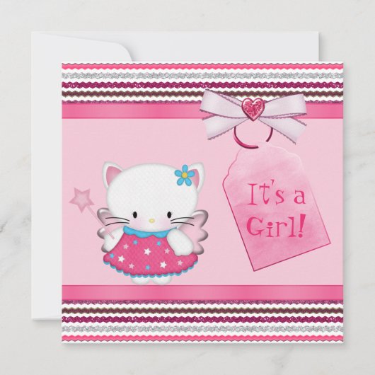 Invitation Baby shower rose de chatte fée (Devant)