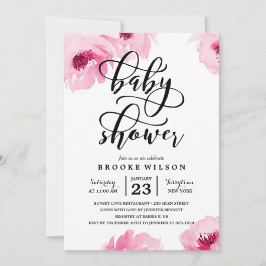 Invitation Baby shower Rose de couleur rose (Devant)