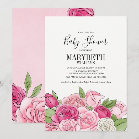 Invitation Baby shower Rose de couleur rose (Devant / Derrière)