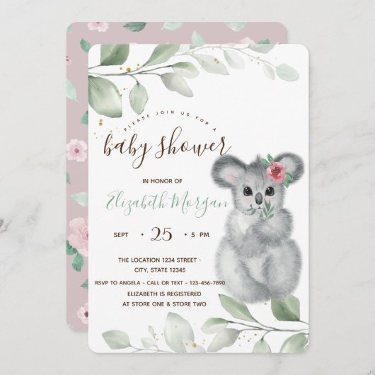 Invitation Baby shower Rose de Cute Koala (Devant / Derrière)