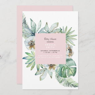 Invitation Baby shower rose de feuillage tropical