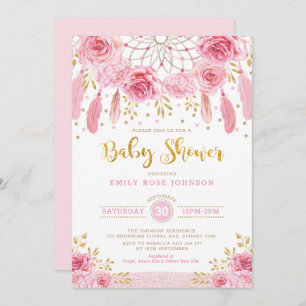Invitation Baby shower rose de fille d'or de Dreamcatcher de