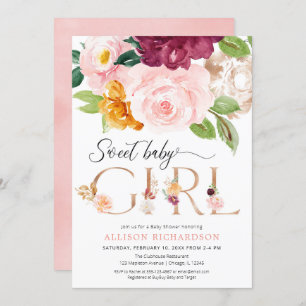 Invitation baby shower Rose de florale bordeaux et rousse d'o