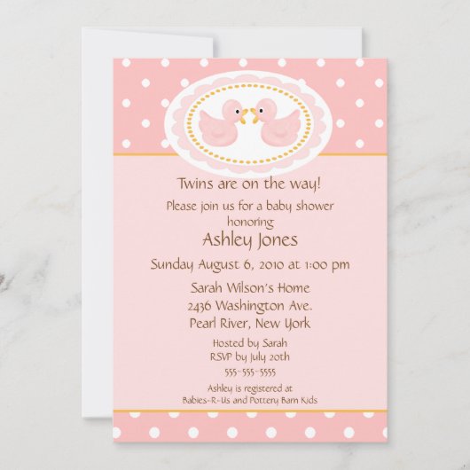 Invitation Baby shower rose de jumeaux de canards (Devant)