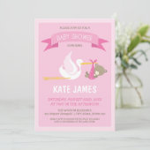 Invitation Baby shower rose de la cigogne et de l' (Debout devant)