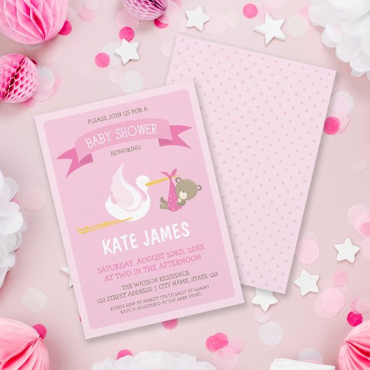 Invitation Baby shower rose de la cigogne et de l'