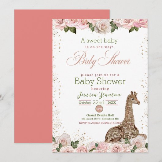 Invitation Baby shower Rose de la Giraffe Cute (Devant / Derrière)