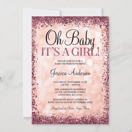 Invitation Baby shower Rose de la Parties scintillant de Bour (Devant)