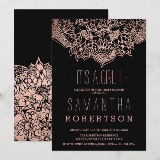 Invitation baby shower Rose de mandala floral boho en or (Devant / Derrière)