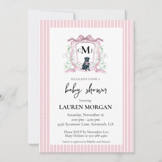 Invitation Baby shower rose de monogramme noir du Labrador (Devant)