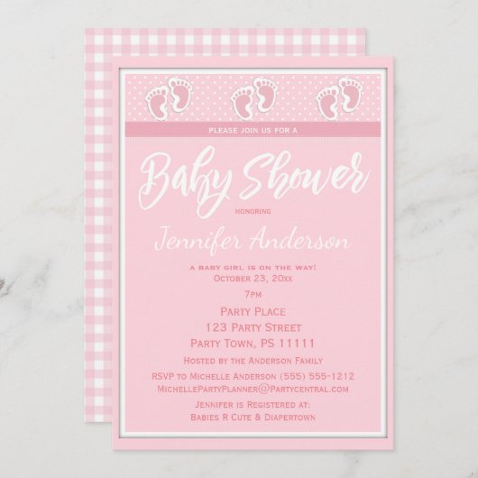 Invitation Baby shower rose d'empreinte de pas de fille (Devant / Derrière)