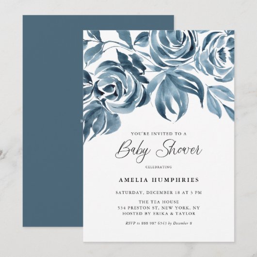 Invitation Baby shower Rose d'hiver Blue Watercolor (Devant / Derrière)