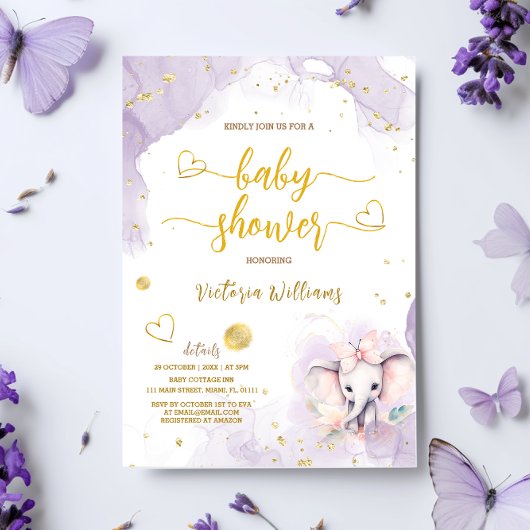 Invitation Baby Shower Rose Douce Fille Eléphant Violet