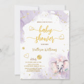 Invitation Baby Shower Rose Douce Fille Eléphant Violet (Devant)