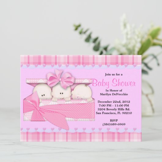 Invitation Baby shower ROSE doux MIGNON de triplets (Debout devant)