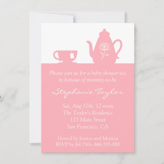 Invitation Baby shower rose doux, thé pour que la maman soit (Devant)