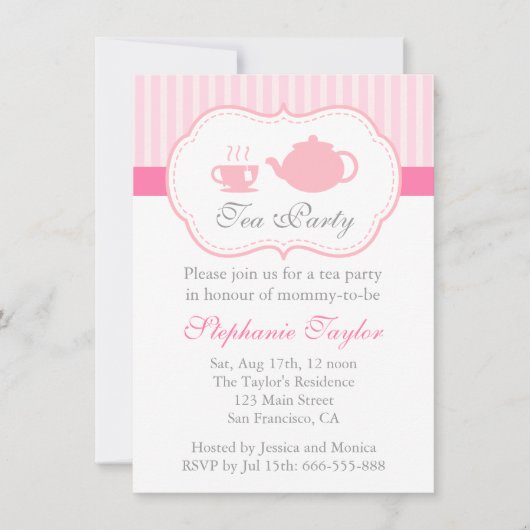 Invitation Baby shower rose doux, thé pour que la maman soit (Devant)