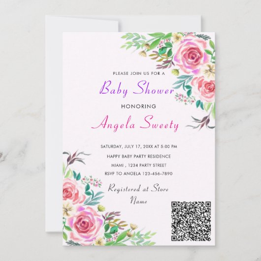 Invitation Baby shower Rose du code QR (Devant)