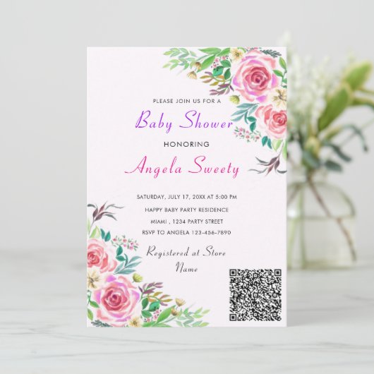 Invitation Baby shower Rose du code QR (Debout devant)