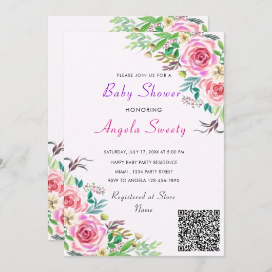 Invitation Baby shower Rose du code QR (Devant / Derrière)