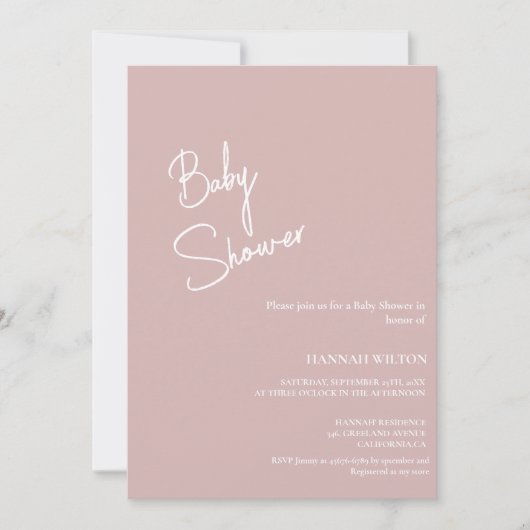 Invitation Baby shower Rose Dusty manuscrit moderne (Devant)