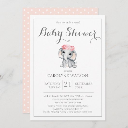 Invitation Baby shower rose éléphant virtuel (Devant / Derrière)