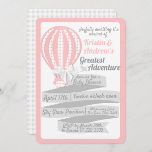 Invitation baby shower rose En vichy ballon à air chaud