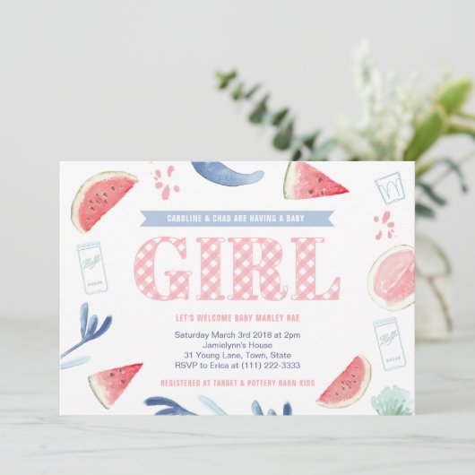 Invitation Baby shower rose En vichy bébé-q Couples pour fill (Debout devant)