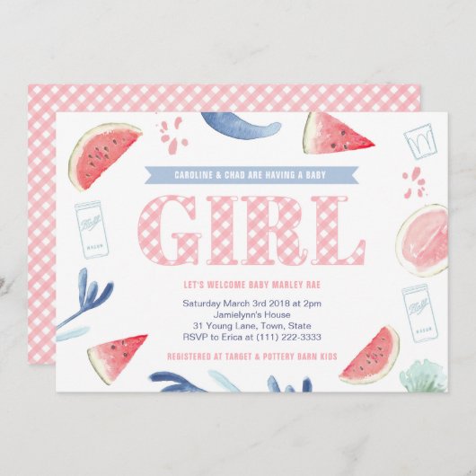Invitation Baby shower rose En vichy bébé-q Couples pour fill (Devant / Derrière)
