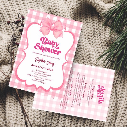 Invitation Baby shower rose En vichy Bow mignon Baby shower f