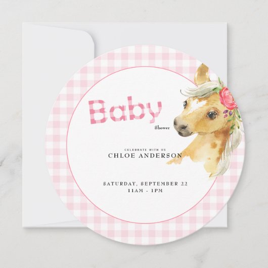 Invitation Baby shower rose En vichy rose rond (Devant)