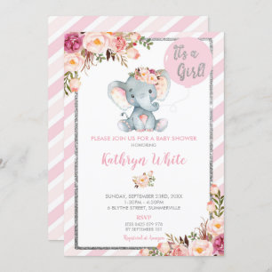 Invitation Baby shower rose et argent éléphant