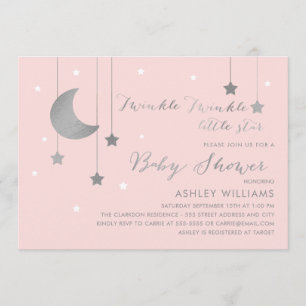 Invitation Baby shower rose et argent Lune et étoiles