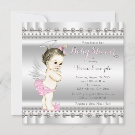 Invitation Baby shower rose et argenté Angel (Devant)