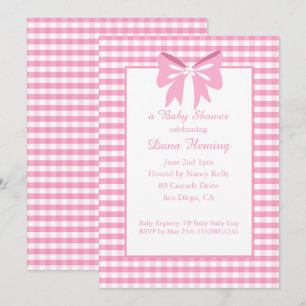 Invitation Baby shower rose et blanc à carreaux et noeud 