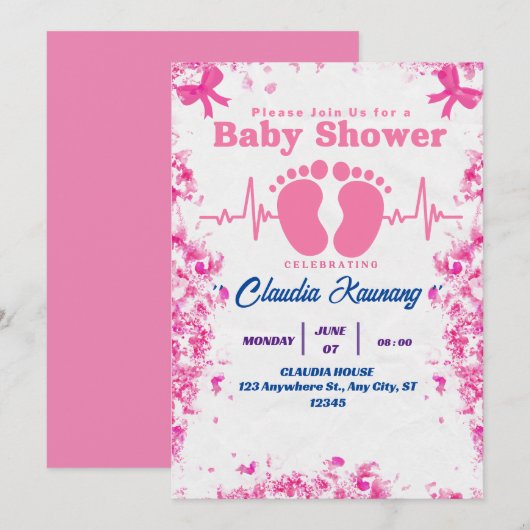 Invitation Baby shower rose et bleu fille (Devant / Derrière)