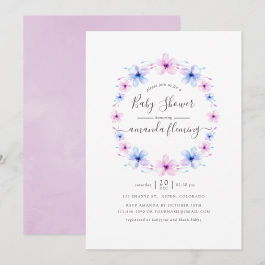 Invitation Baby shower rose et bleu pastel avec motifs florau (Devant / Derrière)