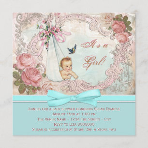 Invitation Baby Shower Rose et Bleu Sarcelle Vintage