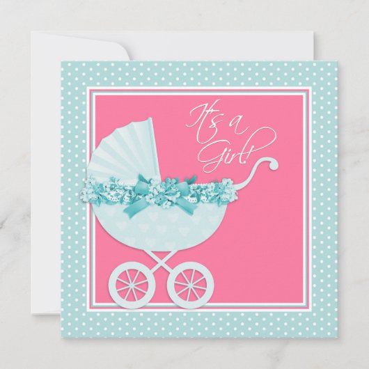 Invitation Baby shower rose et bleu Turquoise (Devant)