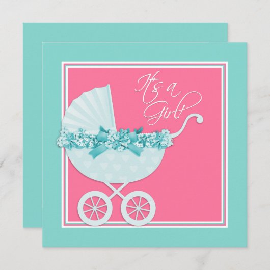 Invitation Baby shower rose et bleu Turquoise Pram (Devant / Derrière)