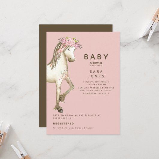 Invitation Baby shower rose et Brown Aquarelle Pony (Devant/Arrière en situation)
