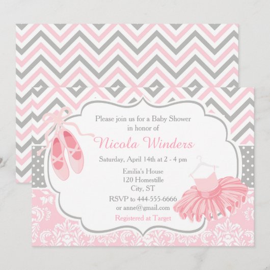 Invitation Baby shower rose et gris Chevron Ballerina (Devant / Derrière)