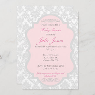 Invitation Baby shower rose et gris Damas