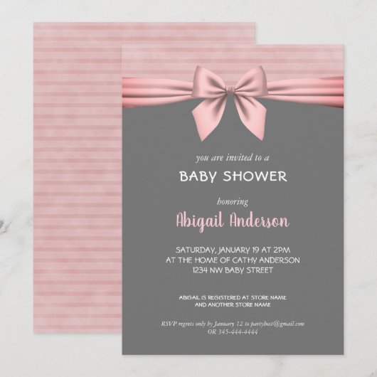 Invitation Baby shower rose et gris de cou (Devant / Derrière)
