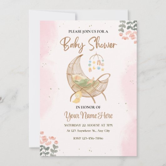 Invitation baby shower rose et marron Fille (Devant)